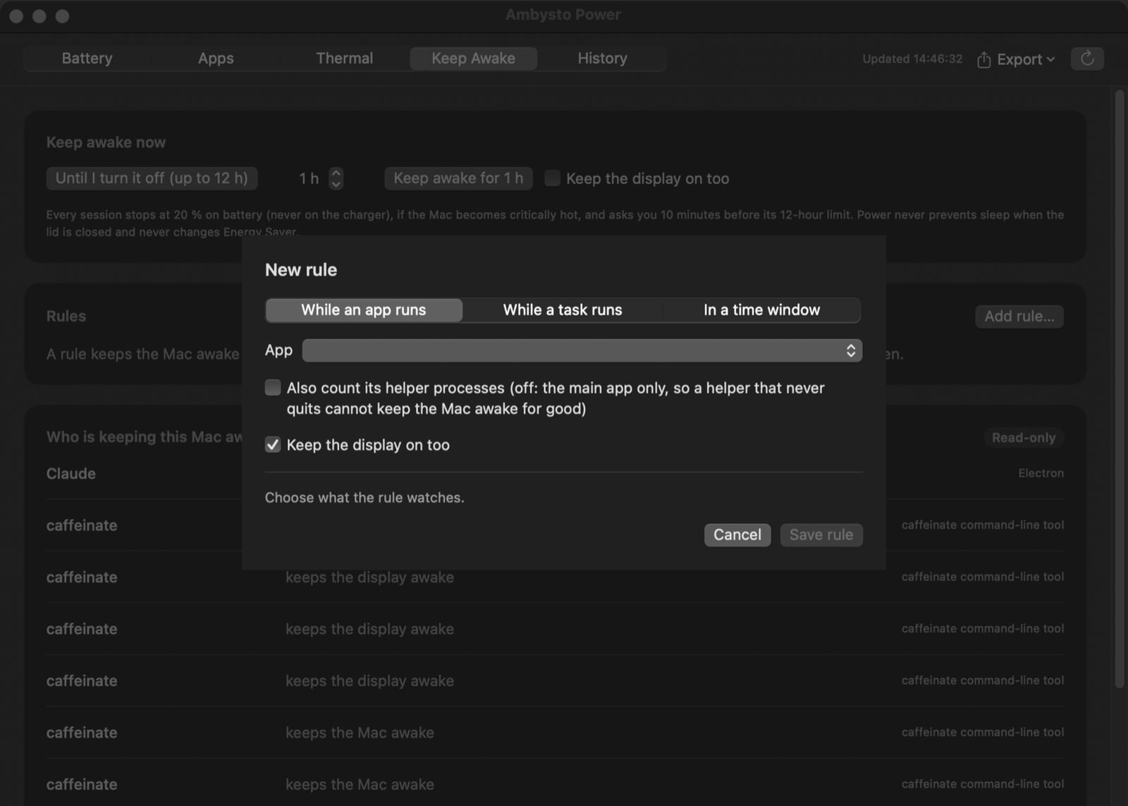The New rule sheet with three kinds: while an app runs, while a task runs, and in a time window, an app picker, an unchecked option to also count the app's helper processes, and a checked option to keep the display on too.