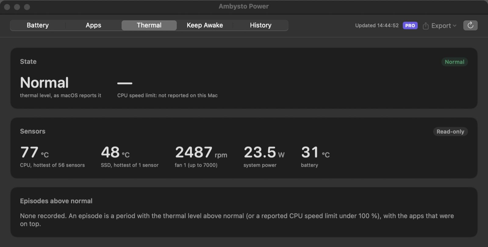 The Thermal tab in a development build: thermal level Normal, CPU speed limit not reported on this Mac, a read-only Sensors card with sample readings, and episodes above normal: none recorded.